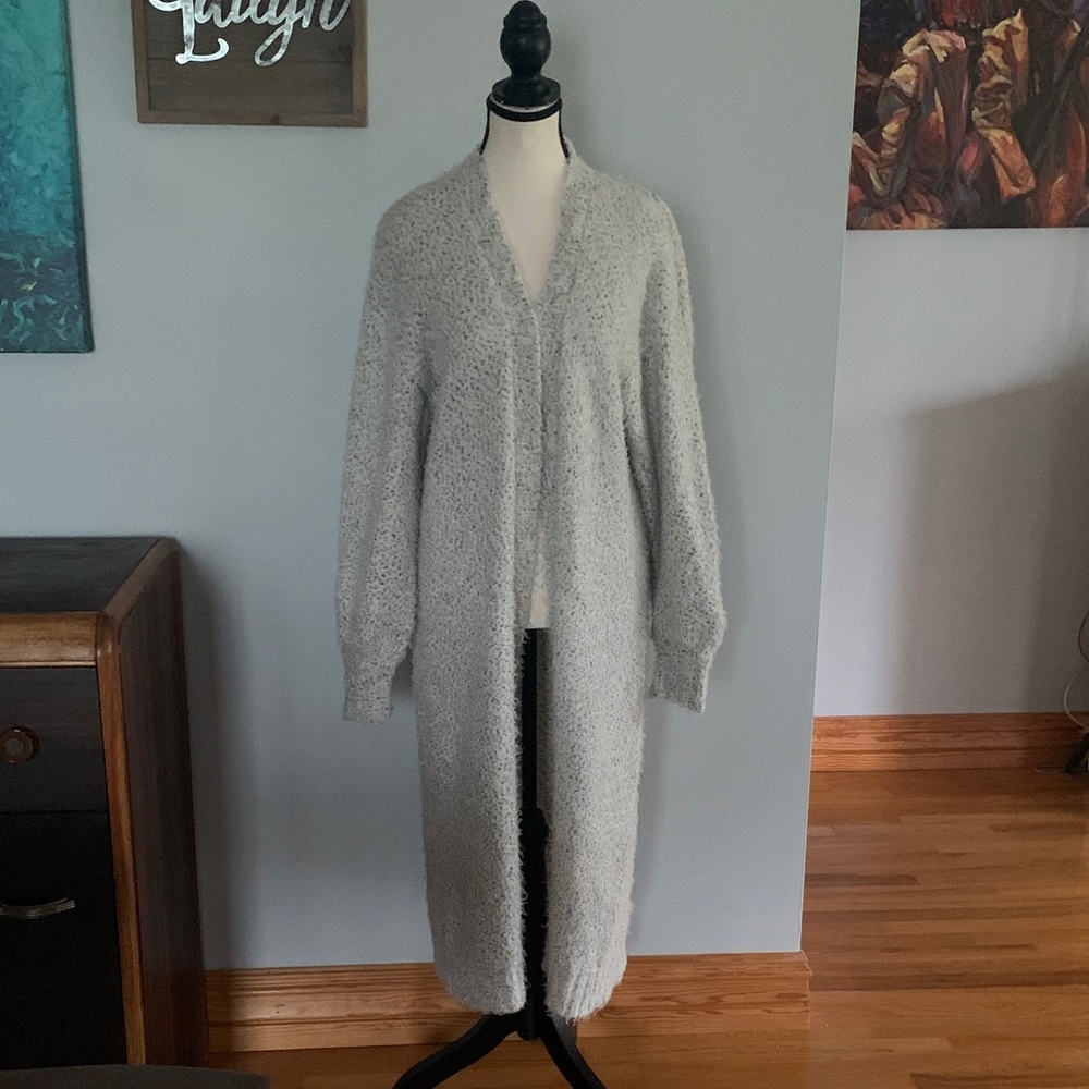 Spense Light Gray Eyelash Knit Open Front Duster Cardigan, Sz M-L